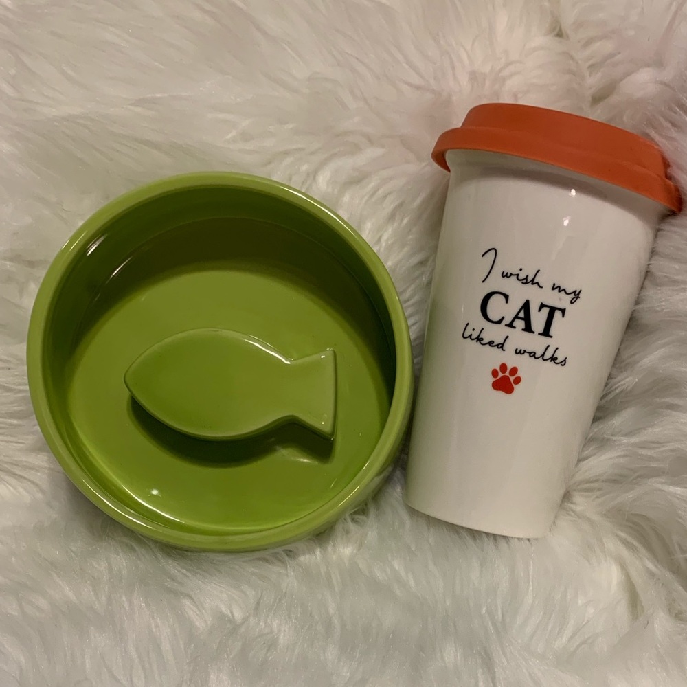 “I wish my cat liked walks” Coffee Cup & Cat Dish